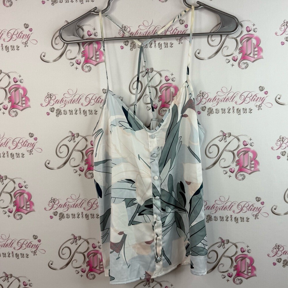La Vie En Rose tank top, shiny tropical, Leaf Print Camisole - White blue